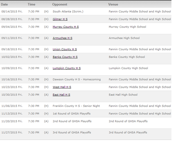 2015 FCHS Varsity Football Schedule