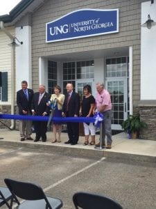 State Senator Steve Gooch, Speaker David Ralston, UNG President Bonita C. Jacobs, Chancellor Hank Huckaby, Mayor Donna  Whitener, and Commissioner Bill Simonds cut the ribbon 