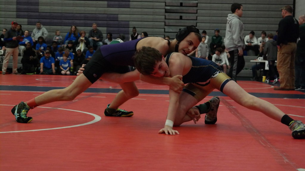 14U Daegan Addington controls his opponent at the 2015-16 Georgia Middle School Championship Tournament last month. At the Bobcat Brawl last Saturday, Addington placed third in the 112-pound weight class. (Photo by: Kevin Hensley)