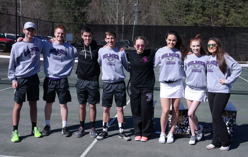 Prior to the match yesterday against Fannin, the Gilmer High School tennis team recognized its eight seniors. From left to right are: Dusty Ray, Cole Edmondson, Chandler Cantrell, Isaac Hensley, Chancey Davis, Kali Malham, Ally Davis and Hannah Thomas. (Photo by: Kevin Hensley)