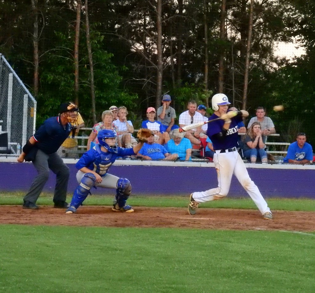 Bobcat Brooks Rosser looks to connect last night against Fannin. Rosser had a 4/5 night at the plate, recording two RBIs in Gilmer's 10-9, nine-inning victory over the Rebels. (Photo by: Kevin Hensley)