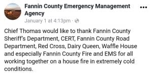 Fannin County, Blue Ridge, Fire and Rescue Chief Larry Thomas, Fannin County Fire Department, Fannin County Community Emergency Response Team, Fannin County Sheriff's Office, Fannin County Public Works, Ada Street, Curtis Switch Road, House Fire, Fire Safety, Fire Prevention, Cold Weather Firefighting