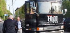 Arriving at 8 a.m., Governor Candidate Hunter Hill steps off his bus to meet citizens at Mike's Ellijay Restaurant.