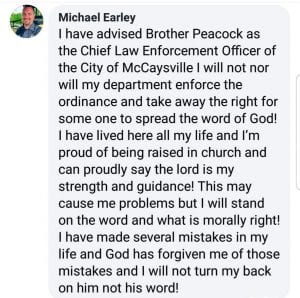 McCaysville, Georgia, Ga, Blue Ridge, Fannin County, City Council, Street Preaching, Ordinance, Midway Baptist Church, Jerry Rice, Mayor, Chief of Police, Facebook, Ordinance, Cortney Stuart, Thomas Seabolt, Michael Earley, Rodney Patterson