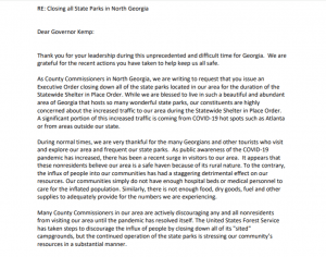 Georgia, North Georgia, Governor, Brian Kemp, State Parks, Close, Shut Down, Letter, Chairmen, Habersham, Rabun, Franklin, Towns, White, Gilmer, Dade, Fannin, Union, Lumpkin, Stephens, Banks, Travis Turner, Tim Stamey, Greg James