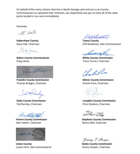 Georgia, North Georgia, Governor, Brian Kemp, State Parks, Close, Shut Down, Letter, Chairmen, Habersham, Rabun, Franklin, Towns, White, Gilmer, Dade, Fannin, Union, Lumpkin, Stephens, Banks, Travis Turner, Tim Stamey, Greg James