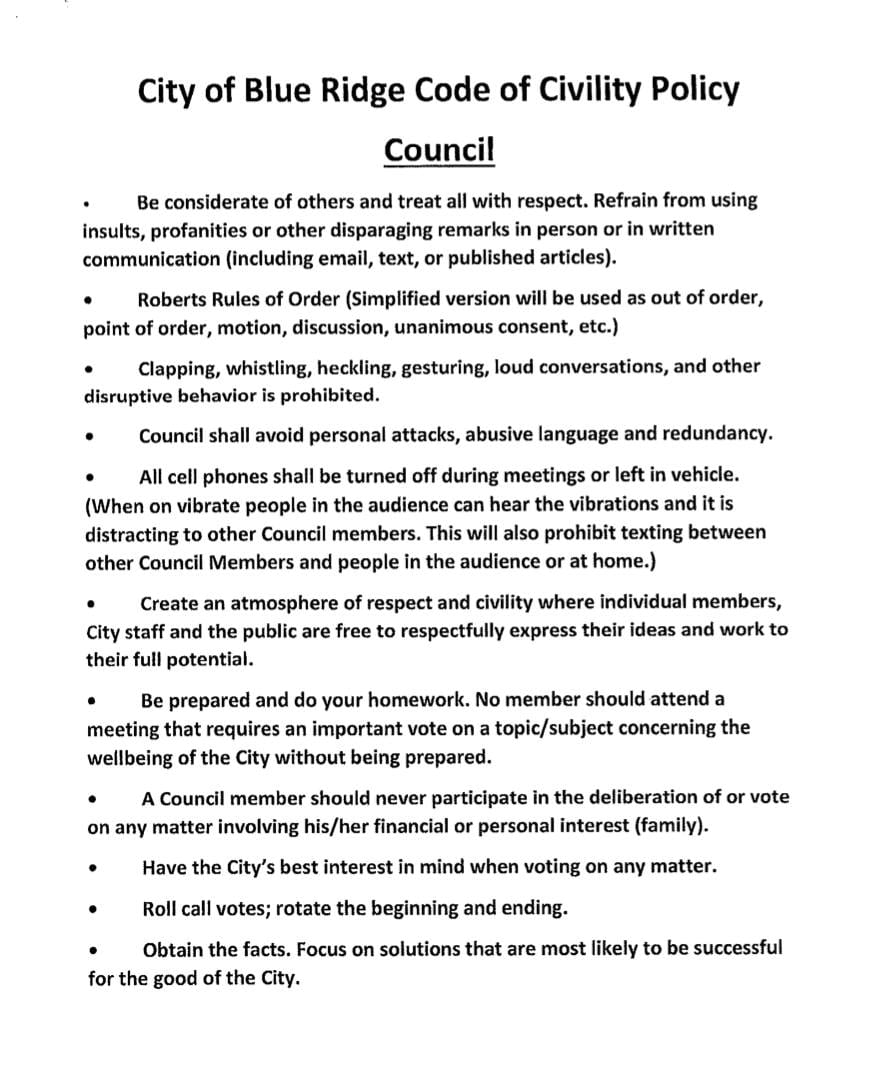 Blue Ridge, Georgia, Fannin County, Criminal Threat, Censure, Conduct, City Council, Post 1, Harold Herdon, Post 2, Rhonda Haight, Post 3, Mike Panter, Post 4, Robbie Cornelius, Post 5, Nathan Fitts, Mayor, Donna Whitener, Attorney, James Balli, David Syfan, Code of Civility, David Ralston, Speaker, House of Representatives