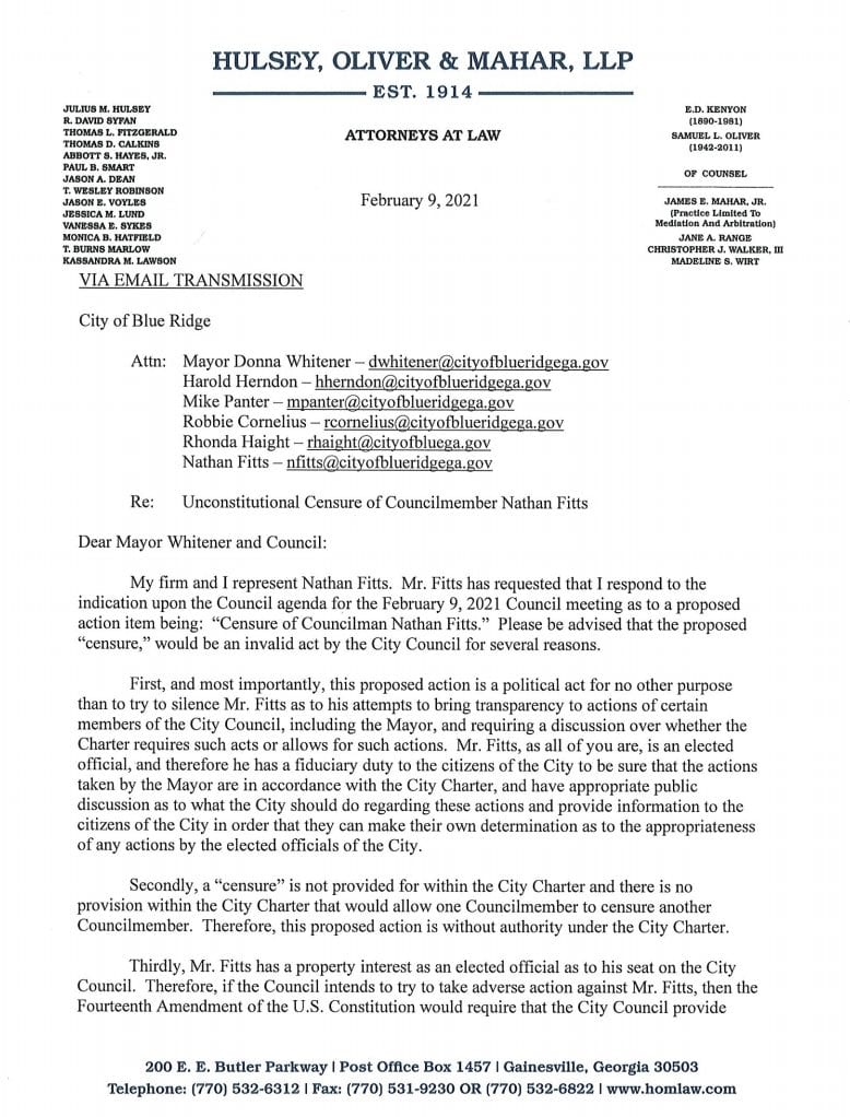 Blue Ridge, Georgia, Fannin County, Censure, Conduct, City Council, Post 1, Harold Herdon, Post 2, Rhonda Haight, Post 3, Mike Panter, Post 4, Robbie Cornelius, Post 5, Nathan Fitts, Mayor, Donna Whitener, Attorney, James Balli, David Syfan, Hostile Work Environment