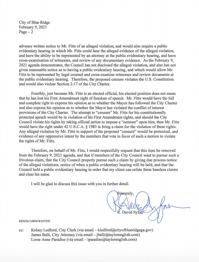 Blue Ridge, Georgia, Fannin County, Censure, Conduct, City Council, Post 1, Harold Herdon, Post 2, Rhonda Haight, Post 3, Mike Panter, Post 4, Robbie Cornelius, Post 5, Nathan Fitts, Mayor, Donna Whitener, Attorney, James Balli, David Syfan, Hostile Work Environment