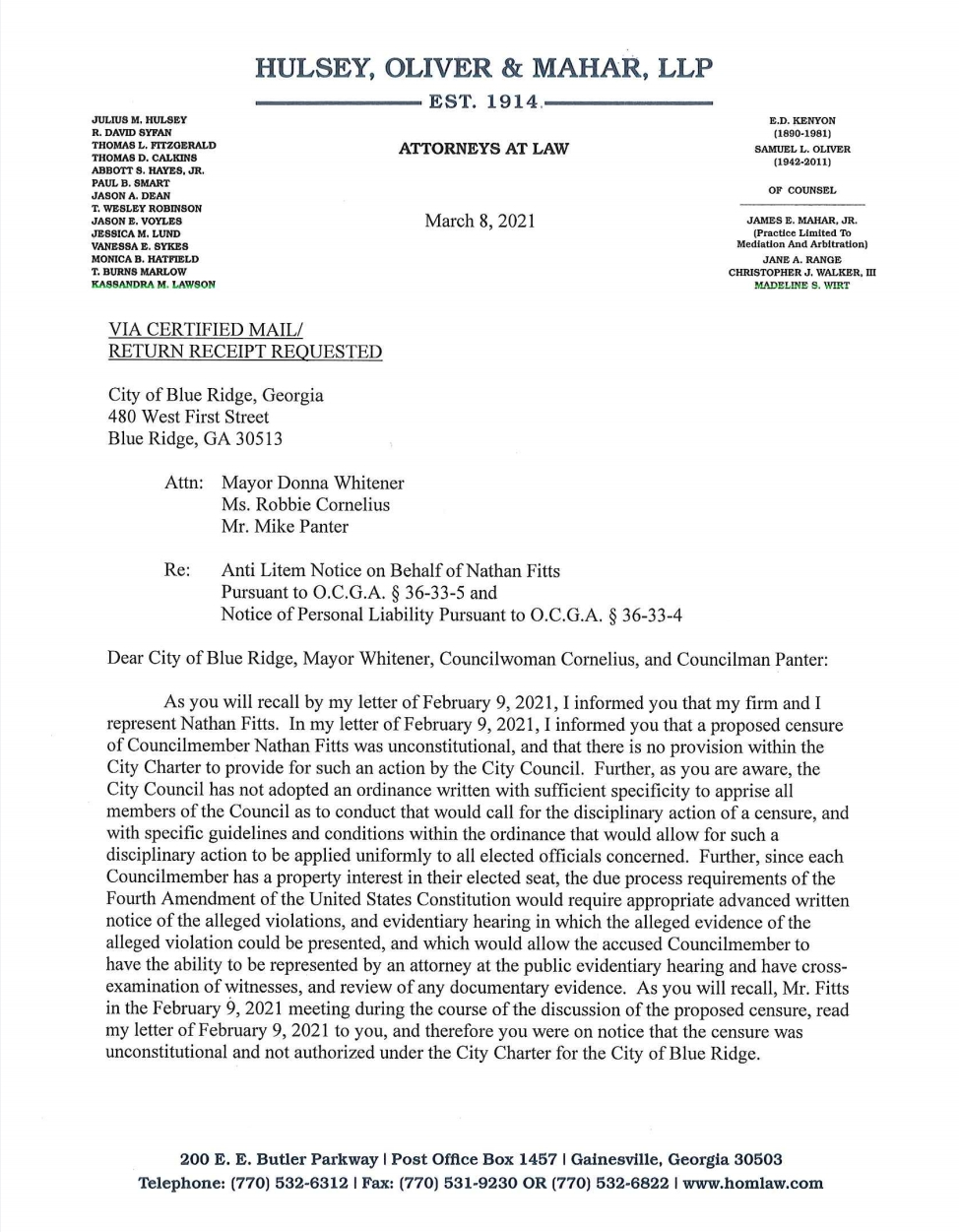 Blue Ridge, Georgia, Fannin County, Censure, Conduct, City Council, Post 1, Harold Herdon, Post 2, Rhonda Haight, Post 3, Mike Panter, Post 4, Robbie Cornelius, Post 5, Nathan Fitts, Mayor, Donna Whitener, Attorney, James Balli, David Syfan, Hostile Work Environment, Lawsuit, Anti Litem, Whistleblower