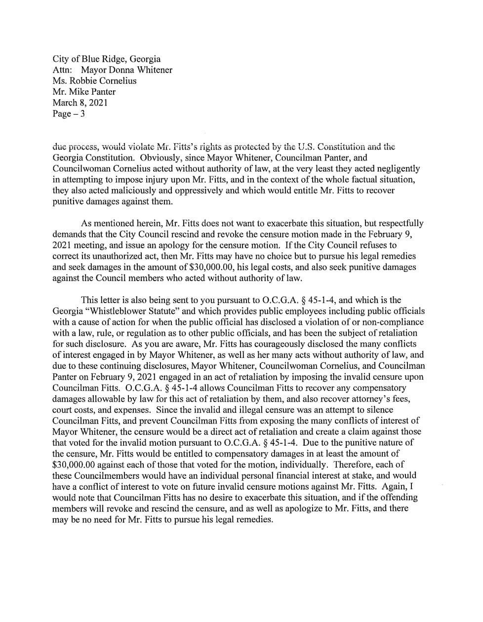 Blue Ridge, Georgia, Fannin County, Censure, Conduct, City Council, Post 1, Harold Herdon, Post 2, Rhonda Haight, Post 3, Mike Panter, Post 4, Robbie Cornelius, Post 5, Nathan Fitts, Mayor, Donna Whitener, Attorney, James Balli, David Syfan, Hostile Work Environment, Lawsuit, Anti Litem, Whistleblower