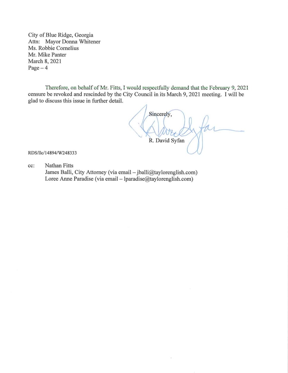 Blue Ridge, Georgia, Fannin County, Censure, Conduct, City Council, Post 1, Harold Herdon, Post 2, Rhonda Haight, Post 3, Mike Panter, Post 4, Robbie Cornelius, Post 5, Nathan Fitts, Mayor, Donna Whitener, Attorney, James Balli, David Syfan, Hostile Work Environment, Lawsuit, Anti Litem, Whistleblower