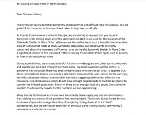 Georgia, North Georgia, Governor, Brian Kemp, State Parks, Close, Shut Down, Letter, Chairmen, Habersham, Rabun, Franklin, Towns, White, Gilmer, Dade, Fannin, Union, Lumpkin, Stephens, Banks, Travis Turner, Tim Stamey, Greg James