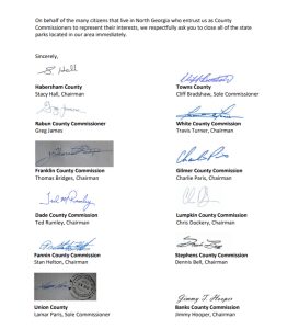 Georgia, North Georgia, Governor, Brian Kemp, State Parks, Close, Shut Down, Letter, Chairmen, Habersham, Rabun, Franklin, Towns, White, Gilmer, Dade, Fannin, Union, Lumpkin, Stephens, Banks, Travis Turner, Tim Stamey, Greg James